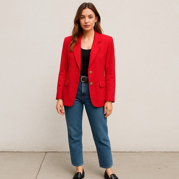 August Silk Red 100% Silk Blazer Women’s 8 Shoulder Pads Vintage Classic - Picture 1 of 8